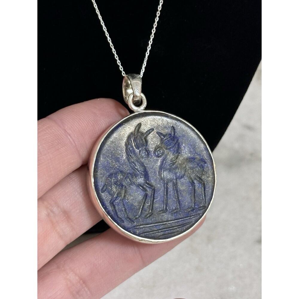 Sterling Silver Carved Lapis Lazuli Pendant On 18” Italy Chain Necklace